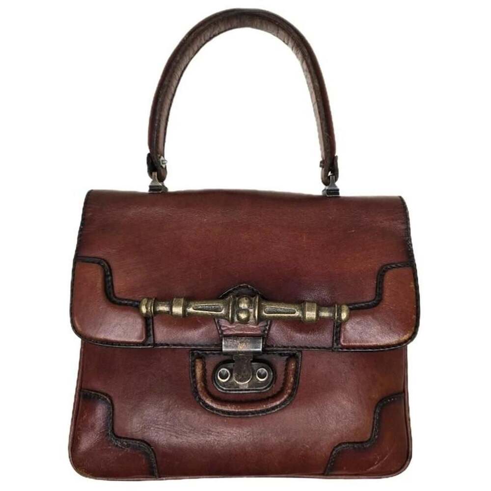 Vintage Custom Antique Hardware Brown Leather Top Handle Accordion Bag